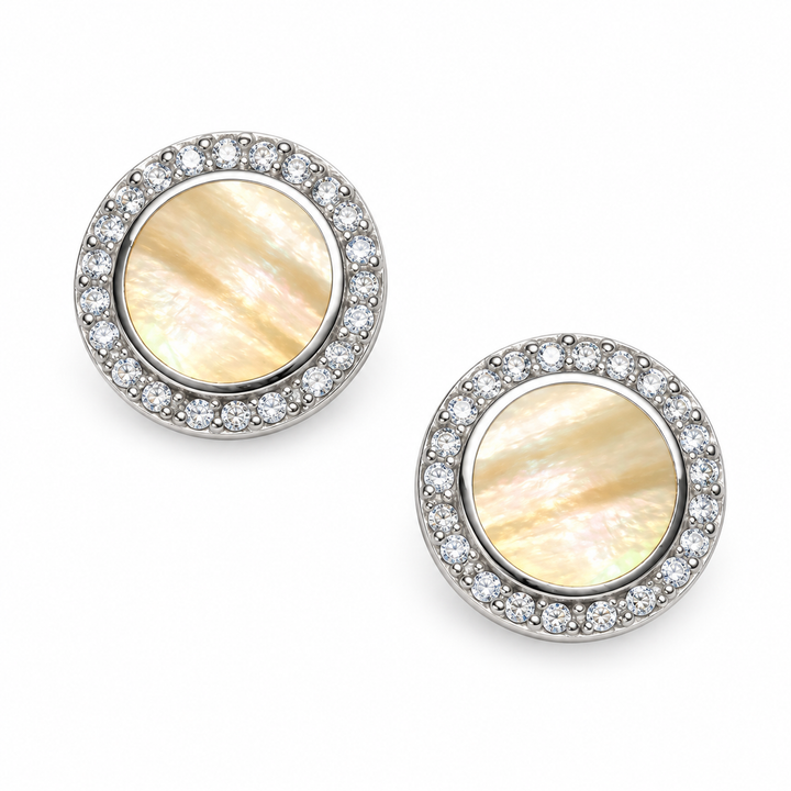 Gold Mother of Pearl and Diamond Simulant Halo Stud Earrings in Rhodium-Plated Sterling Silver – 0.45 Inch