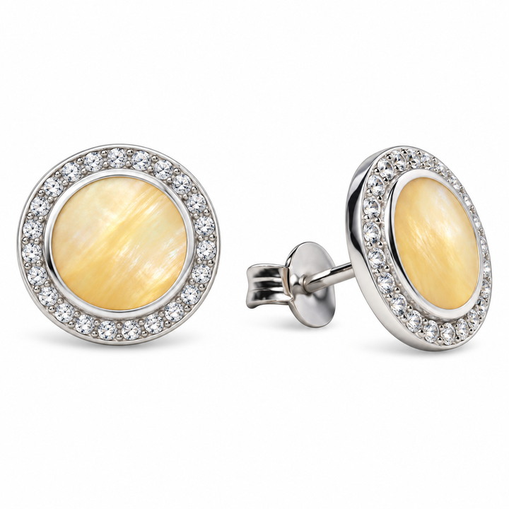 Gold Mother of Pearl and Diamond Simulant Halo Stud Earrings in Rhodium-Plated Sterling Silver – 0.45 Inch