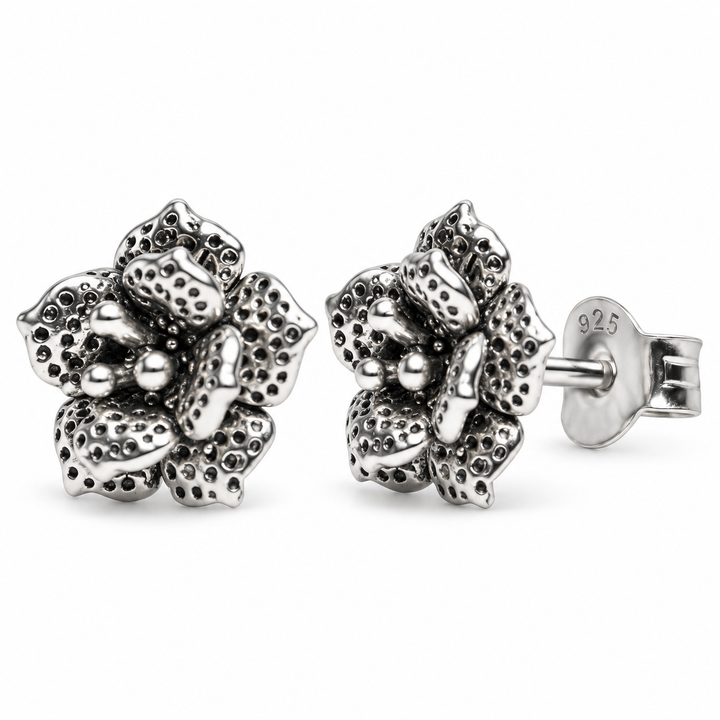 Oxidized Sterling Silver Blooming Flower Stud Earrings – Detailed Floral Design with Push Back Closures – 0.35 Inch