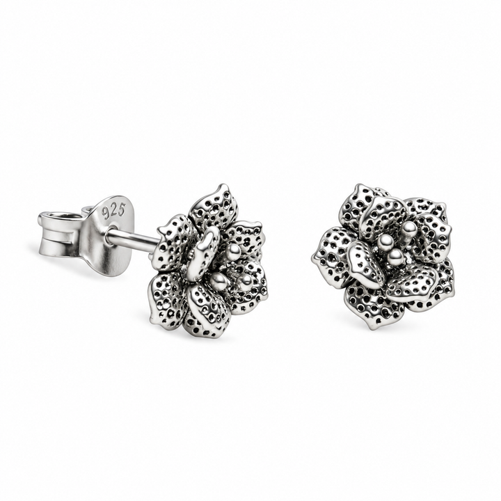 Oxidized Sterling Silver Blooming Flower Stud Earrings – Detailed Floral Design with Push Back Closures – 0.35 Inch