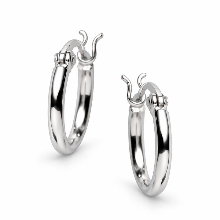 Classic Rhodium-Plated Sterling Silver Hoop Earrings – Polished Everyday Hoops with Traditional Closure – 0.60 x 0.55 Inch
