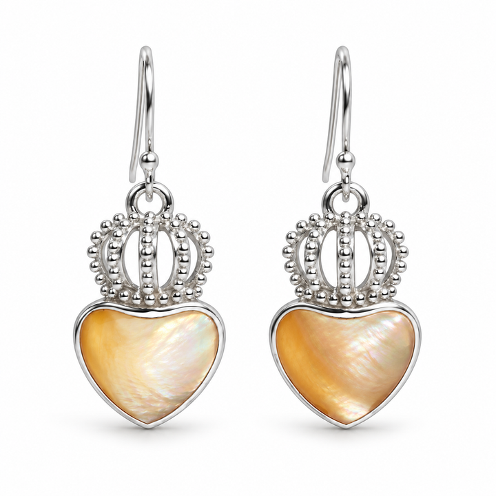 Rhodium-Plated Sterling Silver Crown & Gold Mother of Pearl Heart Dangle Earrings