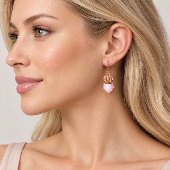 18K Rose Gold Over Sterling Silver Crown & Gold Mother of Pearl Heart Dangle Earrings