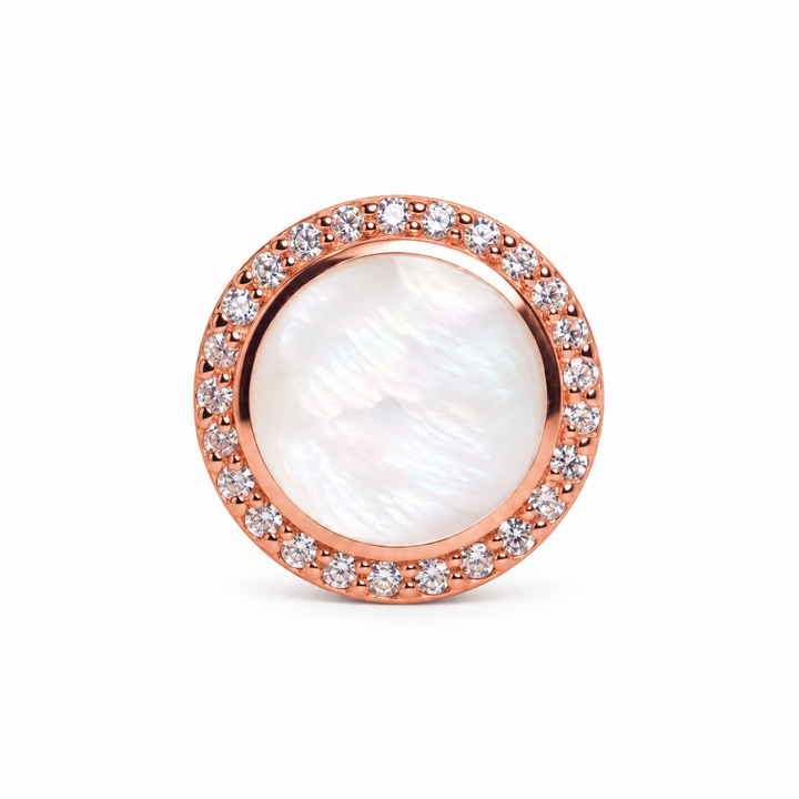 18K Rose Gold Over Sterling Silver Pink Mother of Pearl & Diamond Simulant Circle Pendant – 0.57 Inch