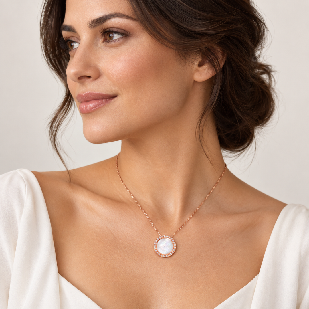 18K Rose Gold Over Sterling Silver Pink Mother of Pearl & Diamond Simulant Circle Pendant – 0.57 Inch
