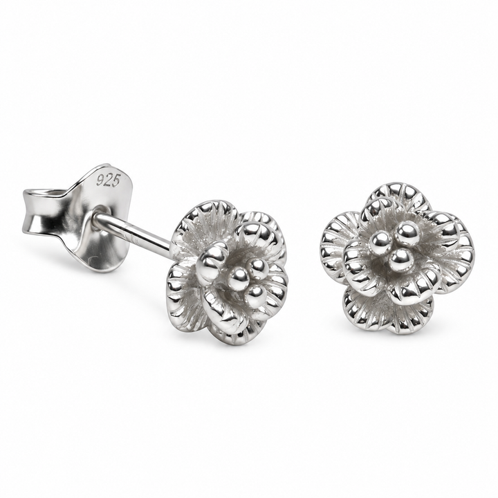 Rhodium-Plated Sterling Silver Blooming Flower Stud Earrings with Push Backs – 0.25 Inch