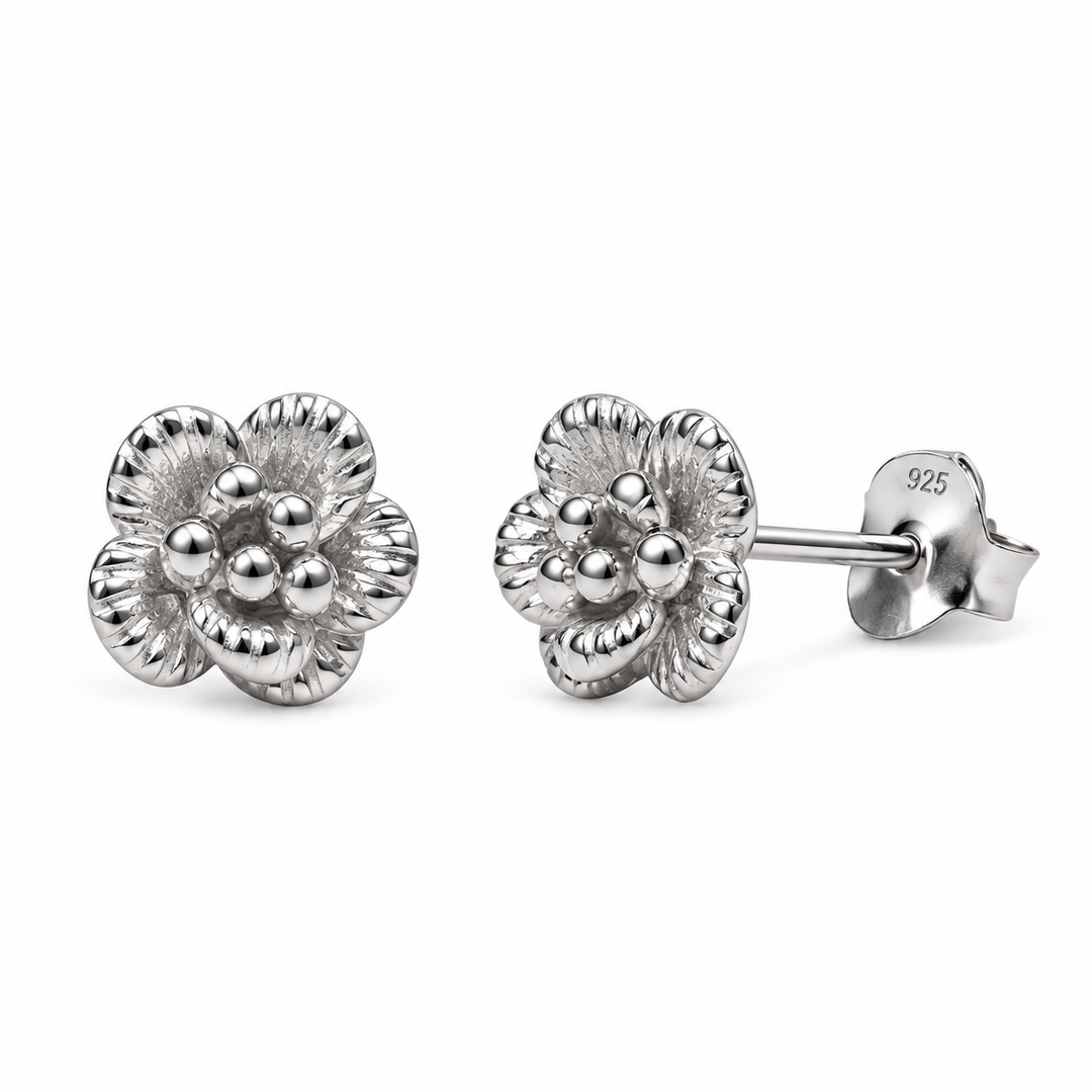 Rhodium-Plated Sterling Silver Blooming Flower Stud Earrings with Push Backs – 0.25 Inch