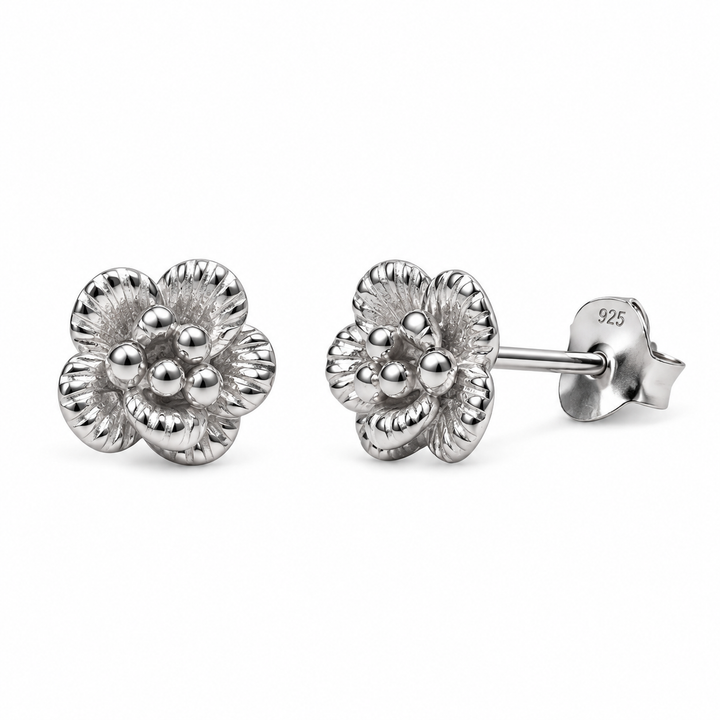 Rhodium-Plated Sterling Silver Blooming Flower Stud Earrings with Push Backs – 0.25 Inch