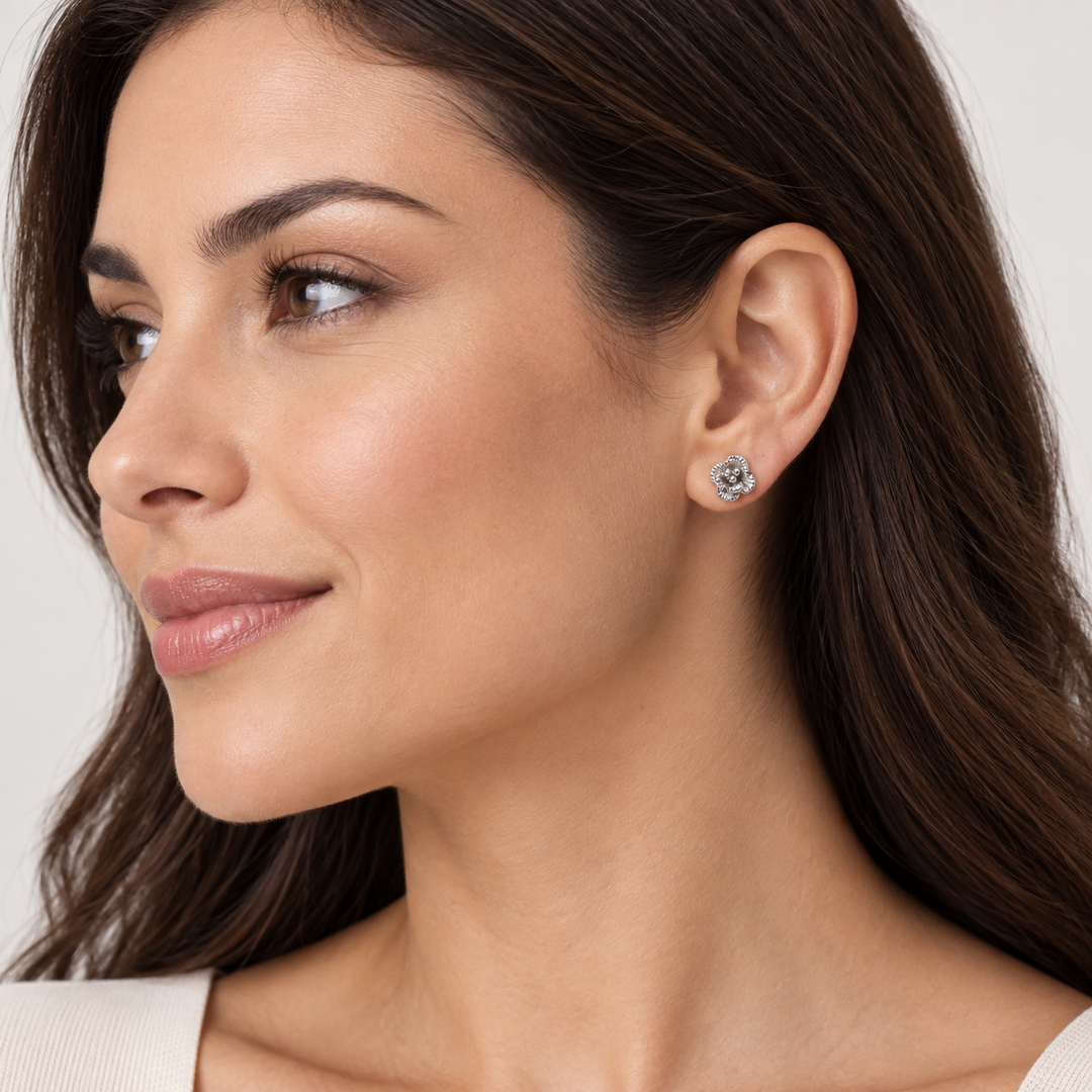 Rhodium-Plated Sterling Silver Blooming Flower Stud Earrings with Push Backs – 0.25 Inch