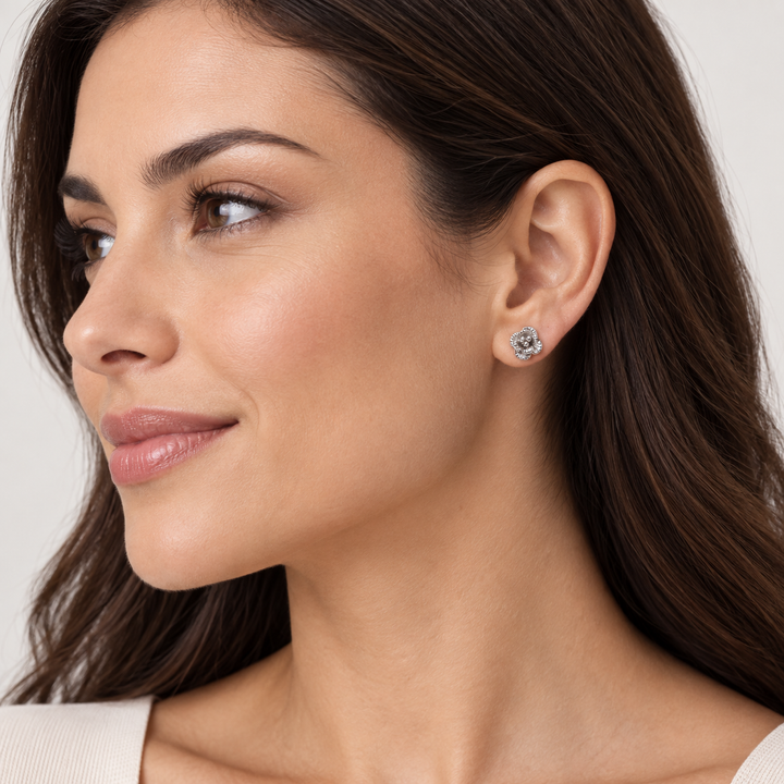 Rhodium-Plated Sterling Silver Blooming Flower Stud Earrings with Push Backs – 0.25 Inch