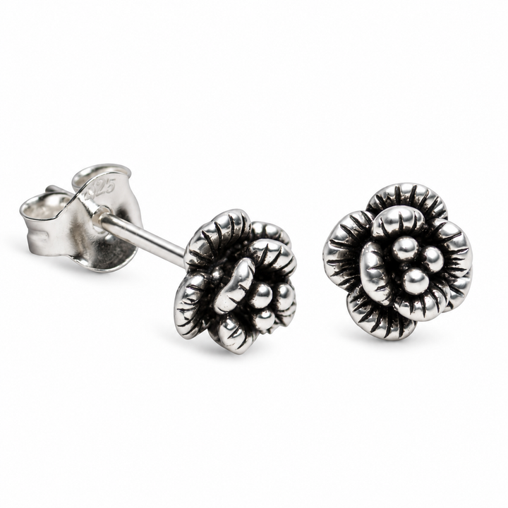 Oxidized Sterling Silver Flower Stud Earrings – Detailed 0.25-Inch Floral Earrings with Push-Back Closures