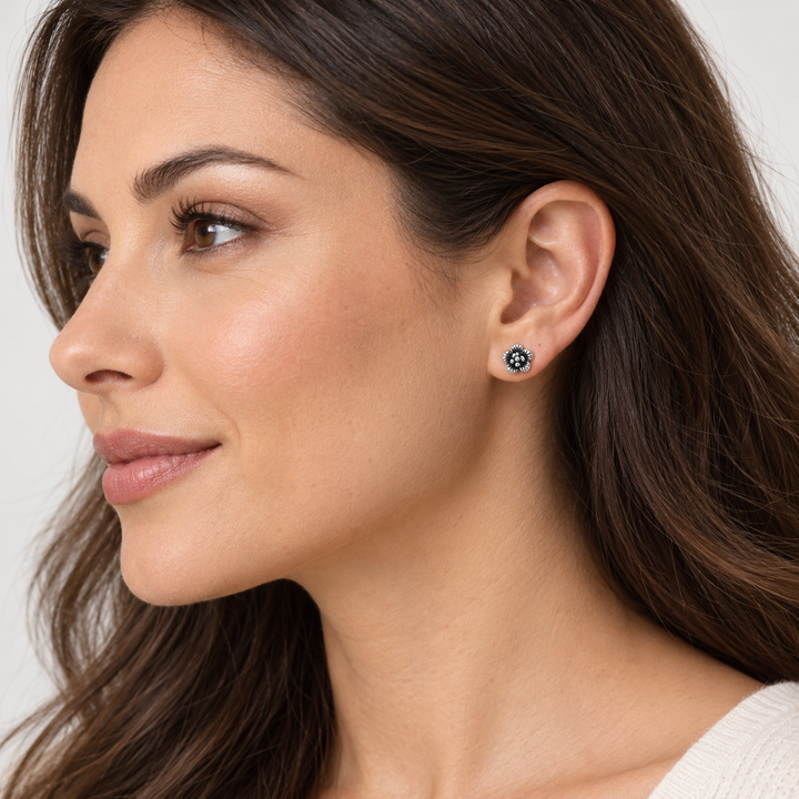 Oxidized Sterling Silver Flower Stud Earrings – Detailed 0.25-Inch Floral Earrings with Push-Back Closures