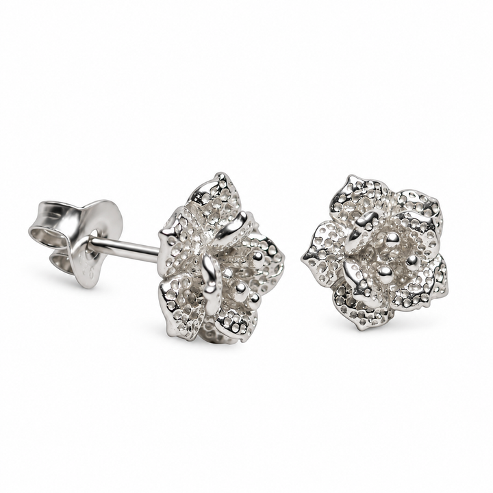 Rhodium-Plated Sterling Silver Blooming Flower Stud Earrings – Detailed 0.35-Inch Floral Earrings with Push-Back Closures