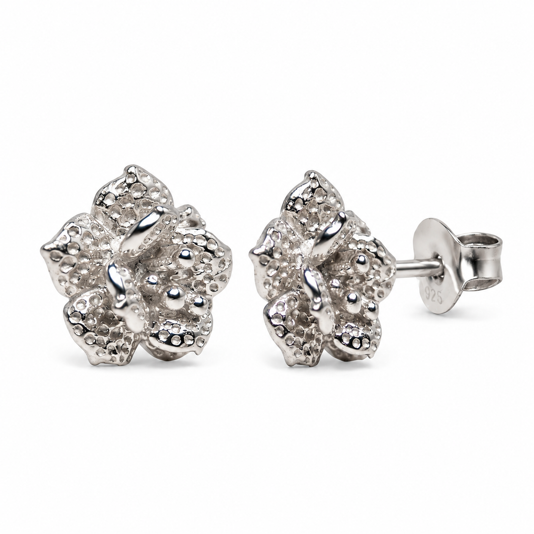 Rhodium-Plated Sterling Silver Blooming Flower Stud Earrings – Detailed 0.35-Inch Floral Earrings with Push-Back Closures