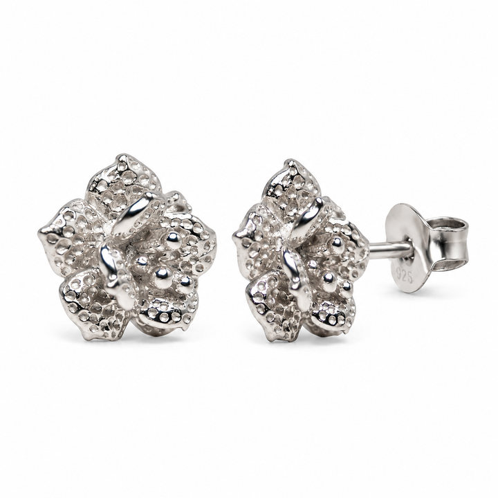 Rhodium-Plated Sterling Silver Blooming Flower Stud Earrings – Detailed 0.35-Inch Floral Earrings with Push-Back Closures
