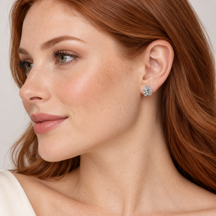 Rhodium-Plated Sterling Silver Blooming Flower Stud Earrings – Detailed 0.35-Inch Floral Earrings with Push-Back Closures