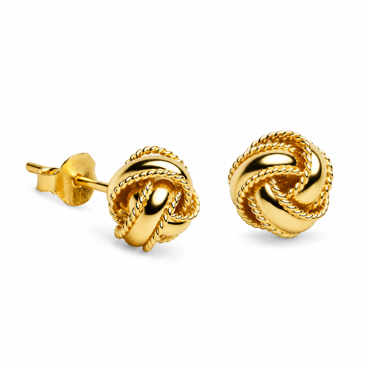 18K Yellow Gold Over Sterling Silver Love Knot Stud Earrings – Detailed 0.28-Inch Rope-Accent Knot Earrings with Push-Back Closures