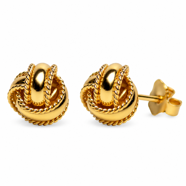 18K Yellow Gold Over Sterling Silver Love Knot Stud Earrings – Detailed 0.28-Inch Rope-Accent Knot Earrings with Push-Back Closures