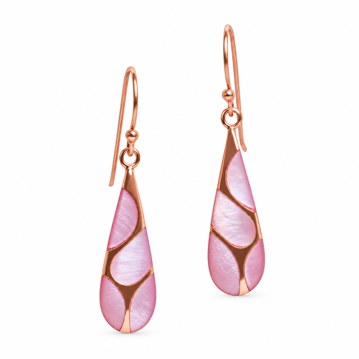 Pink Mother of Pearl Teardrop Dangle Earrings in 18K Rose Gold Over Sterling Silver – 1.35 Inch Fishhook Earrings
