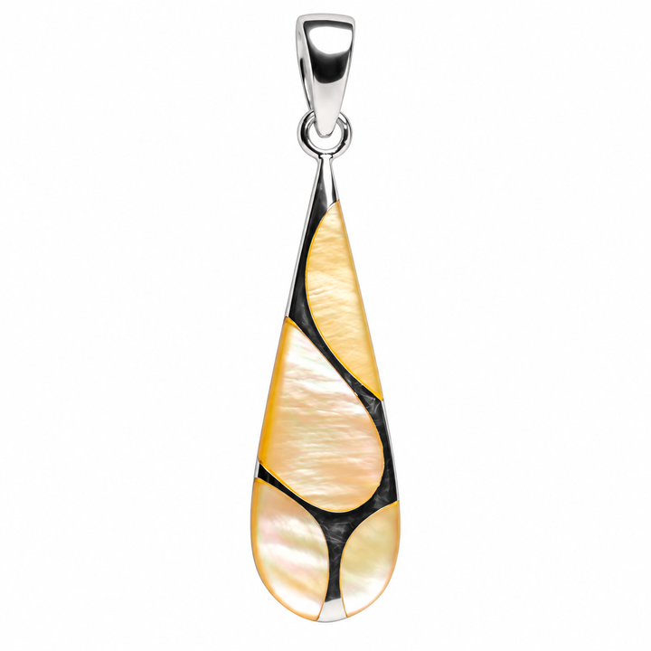 Golden Mother of Pearl Teardrop Pendant in Rhodium-Plated Sterling Silver – 1.62-Inch Inlay Jewelry