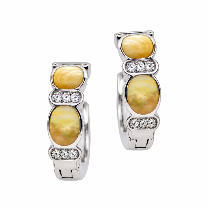 Golden Mother of Pearl and Diamond Simulant Huggie Hoop Earrings in Rhodium-Plated Sterling Silver – 0.60 Inch