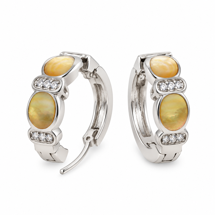 Golden Mother of Pearl and Diamond Simulant Huggie Hoop Earrings in Rhodium-Plated Sterling Silver – 0.60 Inch