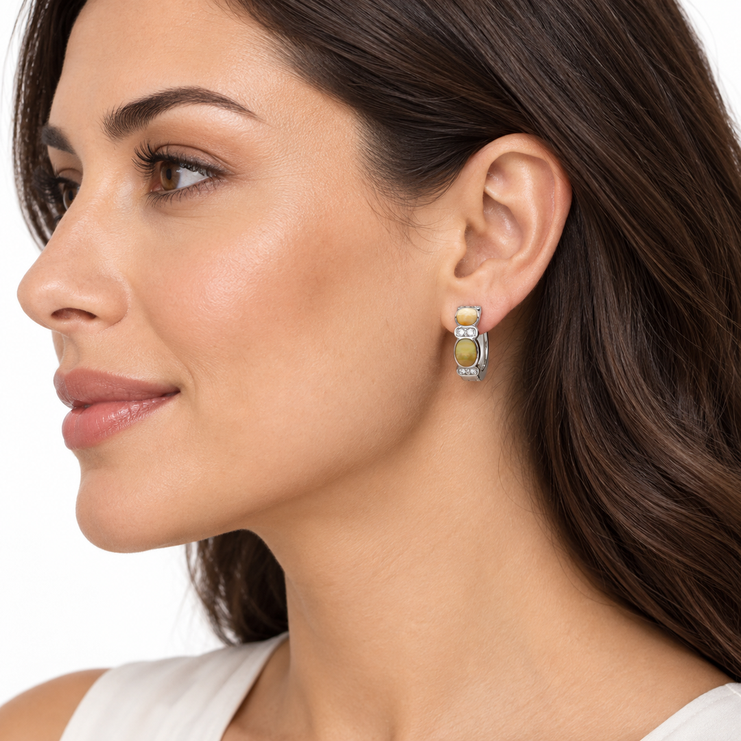Golden Mother of Pearl and Diamond Simulant Huggie Hoop Earrings in Rhodium-Plated Sterling Silver – 0.60 Inch