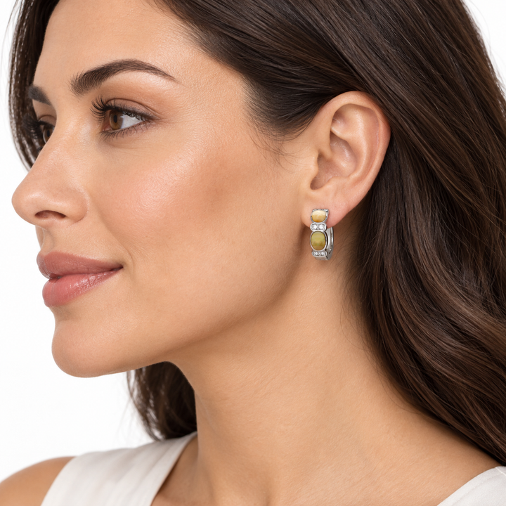 Golden Mother of Pearl and Diamond Simulant Huggie Hoop Earrings in Rhodium-Plated Sterling Silver – 0.60 Inch