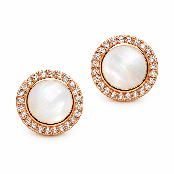 White Mother of Pearl Halo Stud Earrings with Diamond Simulants in 18K Rose Gold Over Sterling Silver – 0.45 Inch