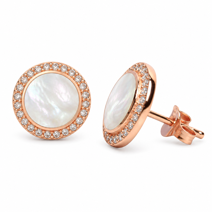 White Mother of Pearl Halo Stud Earrings with Diamond Simulants in 18K Rose Gold Over Sterling Silver – 0.45 Inch