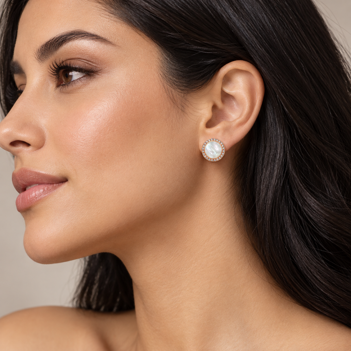 White Mother of Pearl Halo Stud Earrings with Diamond Simulants in 18K Rose Gold Over Sterling Silver – 0.45 Inch