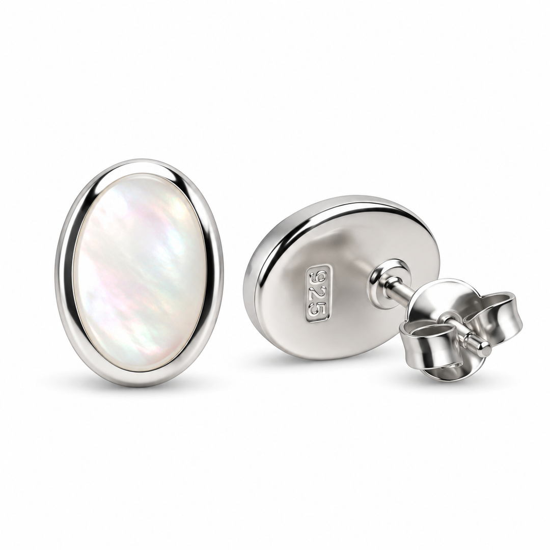 White Mother of Pearl Oval Stud Earrings in Rhodium-Plated Sterling Silver with Push-Back Closures – 0.34 Inch