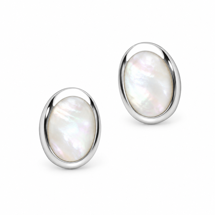 White Mother of Pearl Oval Stud Earrings in Rhodium-Plated Sterling Silver with Push-Back Closures – 0.34 Inch