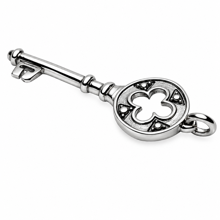 Sterling Silver Clover Key Pendant – Regal Vintage-Inspired Key to My Heart Jewelry, 1 3/4 Inch