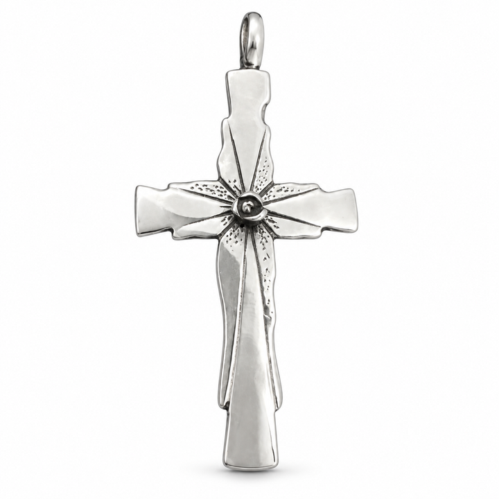 Sterling Silver Floral Cross Pendant – Detailed Flower Accent Christian Faith Jewelry, 2 1/4 Inch