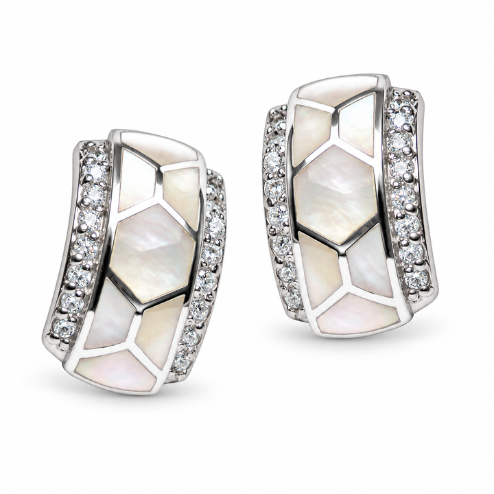 Hand-Cut White Mother of Pearl and Diamond Simulant Rhodium-Plated Sterling Silver Earrings – 0.70 Inch