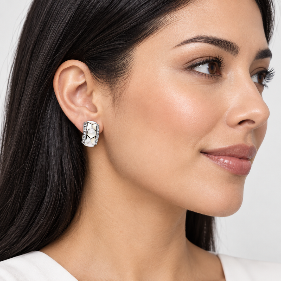 Hand-Cut White Mother of Pearl and Diamond Simulant Rhodium-Plated Sterling Silver Earrings – 0.70 Inch