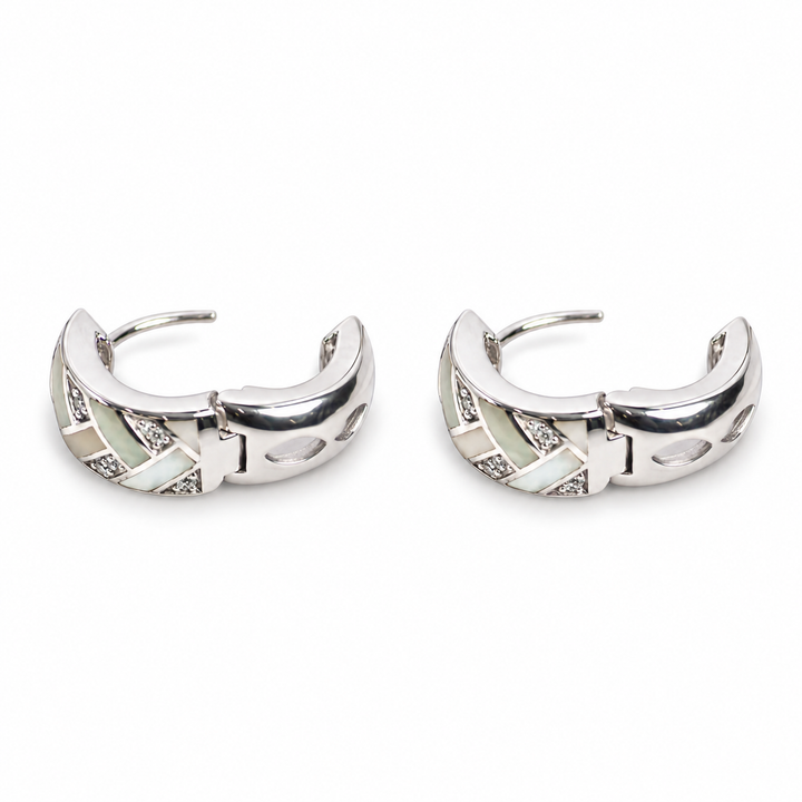 White Mother of Pearl and Cubic Zirconia Woven Huggie Hoop Earrings in Rhodium-Plated Sterling Silver
