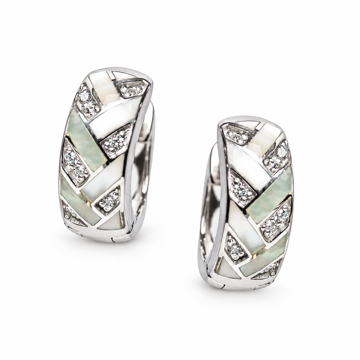 White Mother of Pearl and Cubic Zirconia Woven Huggie Hoop Earrings in Rhodium-Plated Sterling Silver