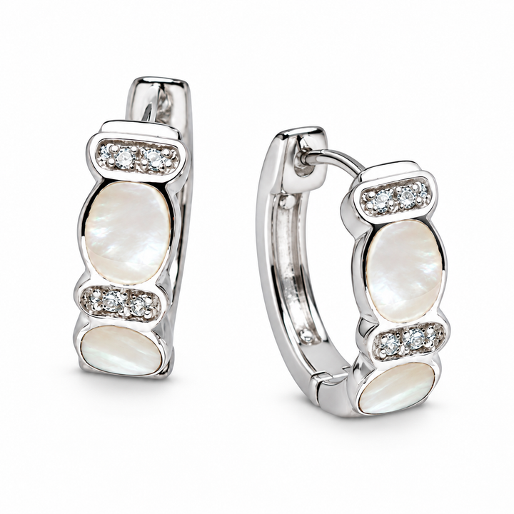 White Mother of Pearl and Cubic Zirconia Huggie Hoop Earrings in Rhodium-Plated Sterling Silver