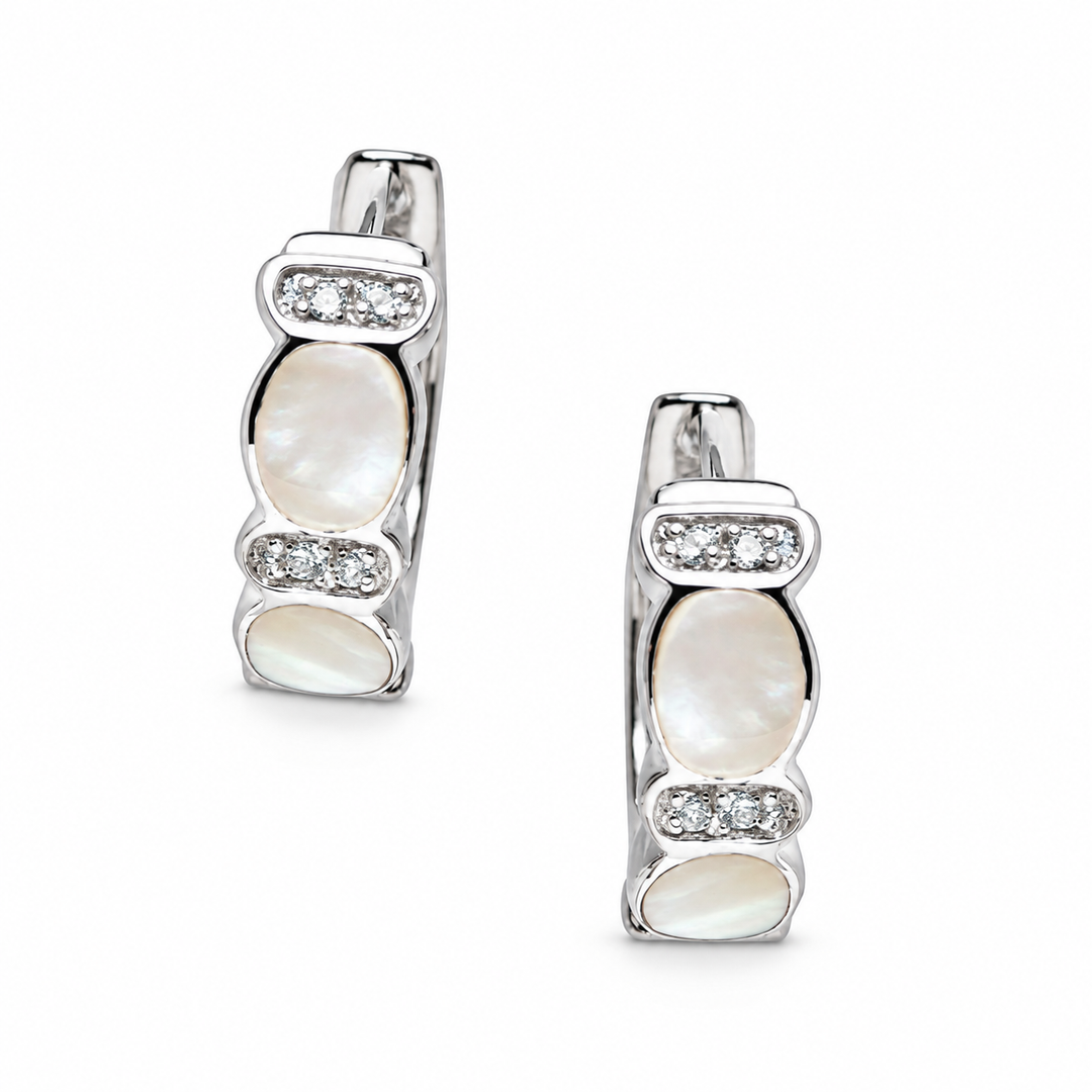 White Mother of Pearl and Cubic Zirconia Huggie Hoop Earrings in Rhodium-Plated Sterling Silver