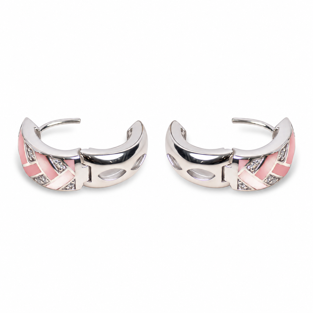 Pink Mother of Pearl Woven Huggie Hoop Earrings in Rhodium-Plated Sterling Silver with Diamond Simulants