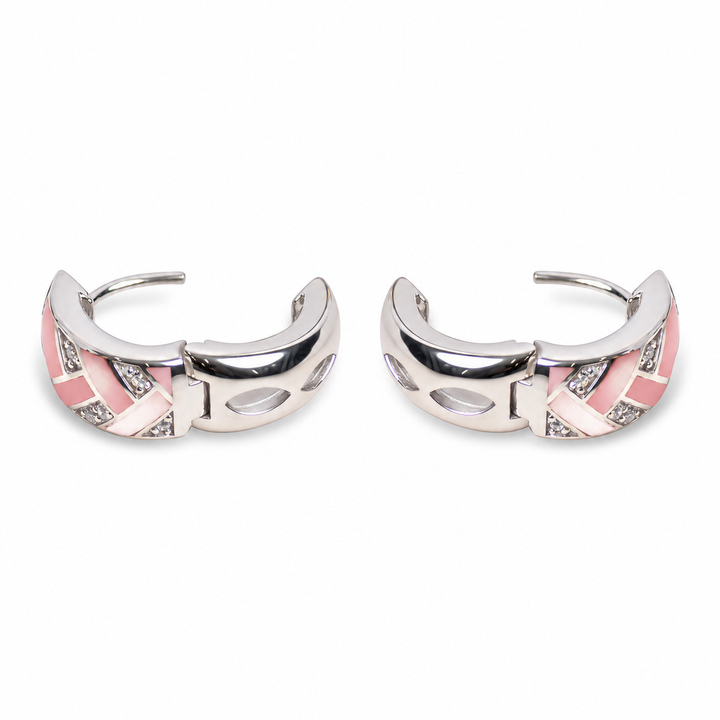 Pink Mother of Pearl Woven Huggie Hoop Earrings in Rhodium-Plated Sterling Silver with Diamond Simulants