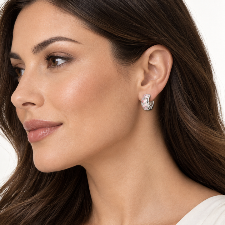 Pink Mother of Pearl Woven Huggie Hoop Earrings in Rhodium-Plated Sterling Silver with Diamond Simulants