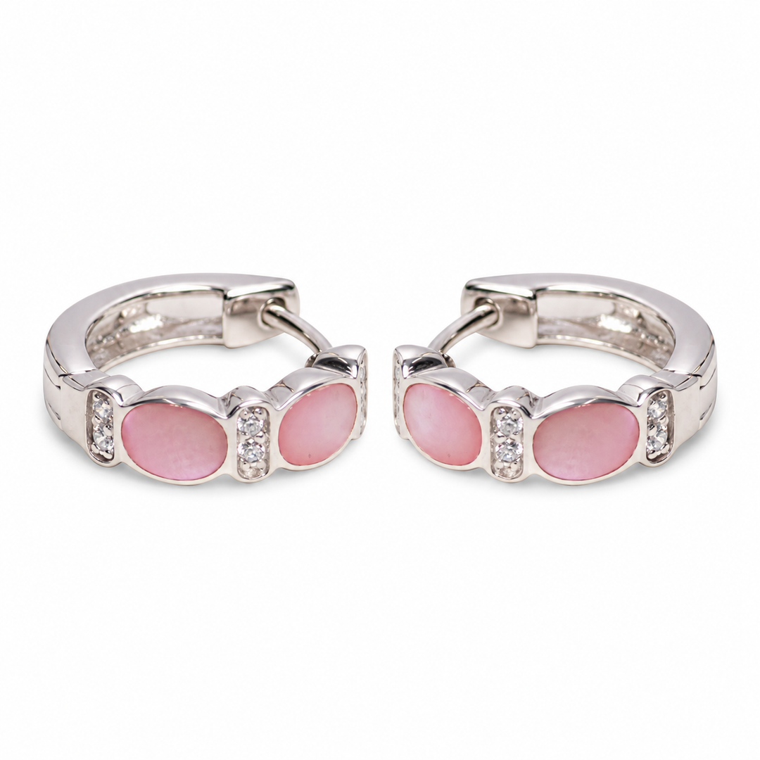 Pink Mother of Pearl and Diamond Simulant Huggie Hoop Earrings in Rhodium-Plated Sterling Silver