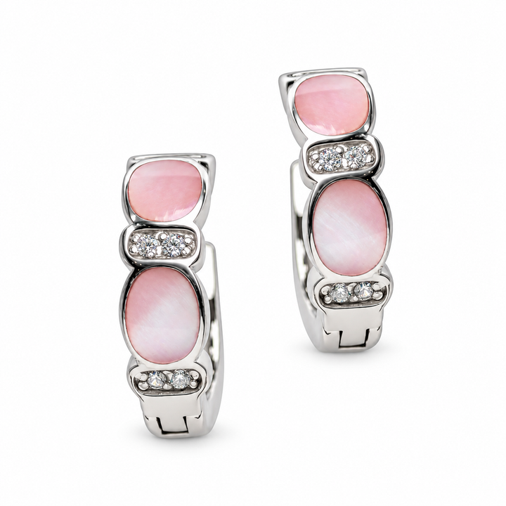 Pink Mother of Pearl and Diamond Simulant Huggie Hoop Earrings in Rhodium-Plated Sterling Silver