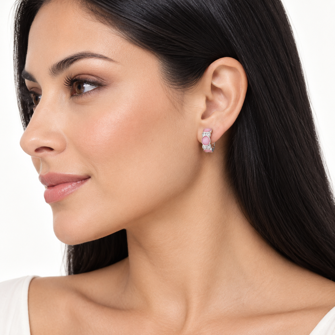 Pink Mother of Pearl and Diamond Simulant Huggie Hoop Earrings in Rhodium-Plated Sterling Silver