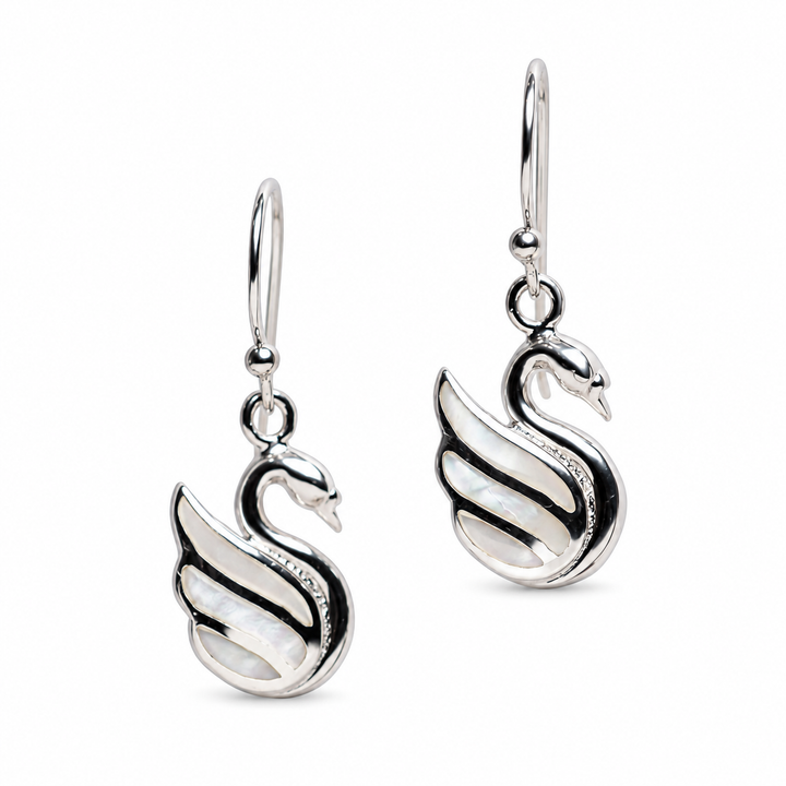 White Mother of Pearl Swan Drop Earrings in Rhodium-Plated Sterling Silver