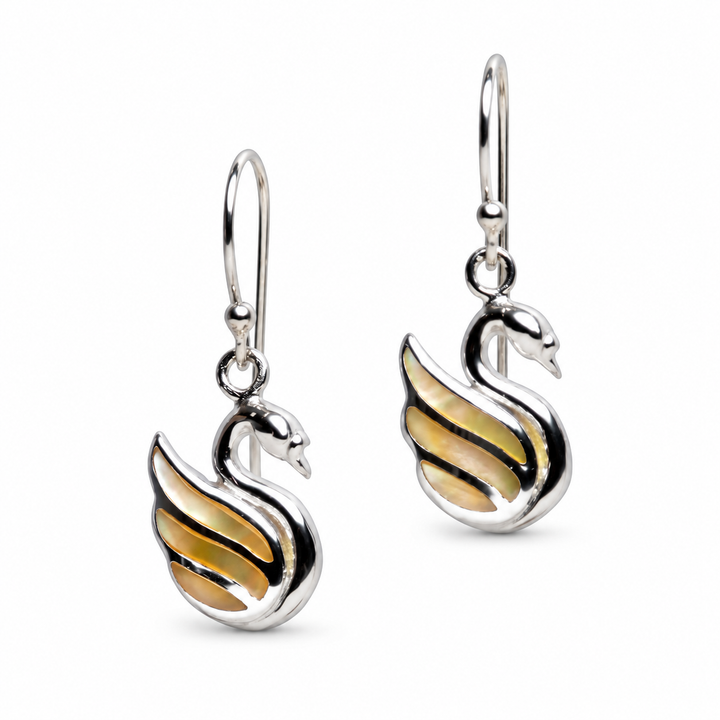 Gold Mother of Pearl Swan Drop Earrings in Rhodium-Plated Sterling Silver