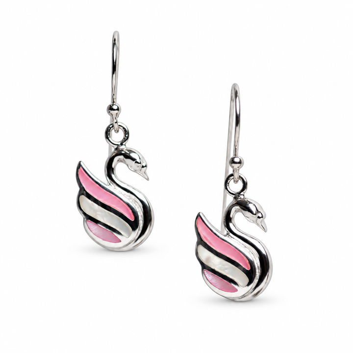 Pink Mother of Pearl Swan Drop Earrings in Rhodium-Plated Sterling Silver